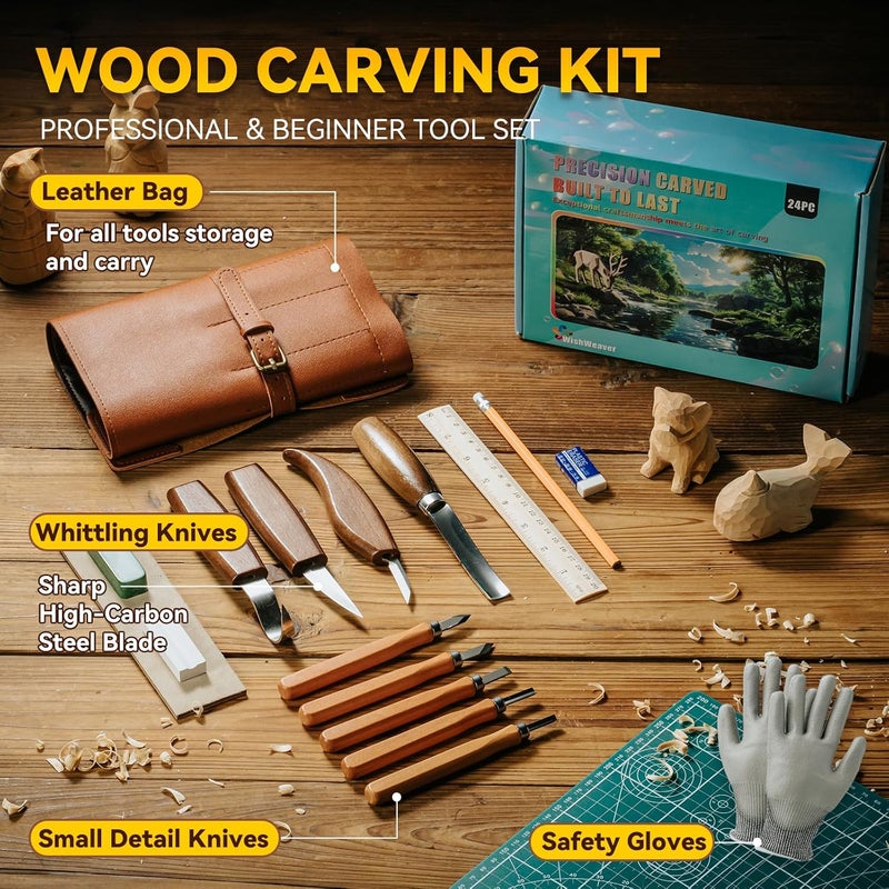 WishWeaver Wood Carving Kit, 24Pcs Wood Carving Tools Set with Leather Storage Bag, Wood Carving Set 4 Wood Carving Knives 5 Chisels 9 Blocks, Whittling Kit for Beginners Enthusiasts Adults Kids Gift DIY - Image 2